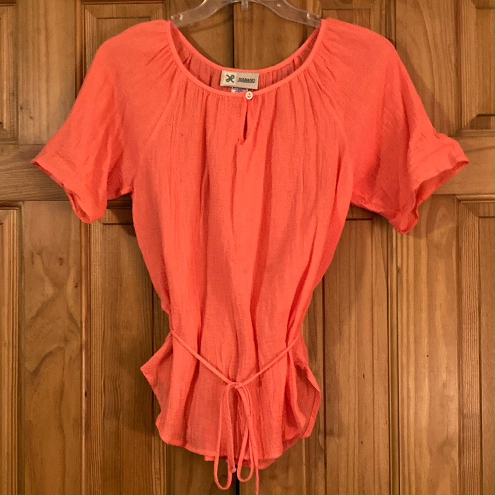 NWOT Haband Vintage 80s 90s Top Blouse Short Sleeve Crinkle Orange M Medium